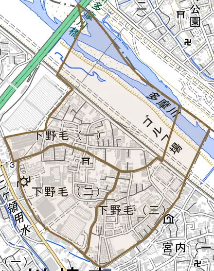 下野毛とその周辺の地図。町の範囲を重ねている