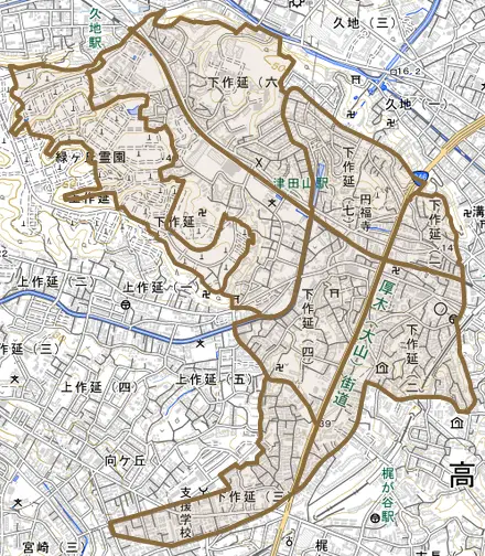 下作延とその周辺の地図。町の範囲を重ねている