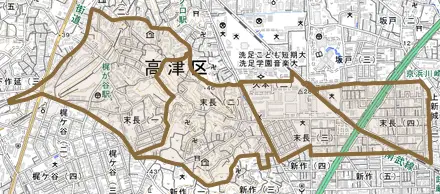 末長とその周辺の地図。町の範囲を重ねている