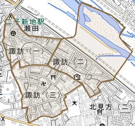 諏訪とその周辺の地図。町の範囲を重ねている