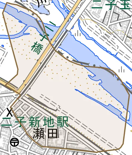 瀬田とその周辺の地図。町の範囲を重ねている