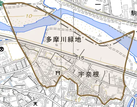 宇奈根とその周辺の地図。町の範囲を重ねている