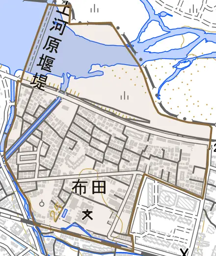 布田とその周辺の地図。町の範囲を重ねている