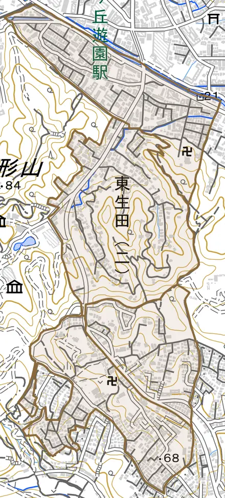 東生田とその周辺の地図。町の範囲を重ねている