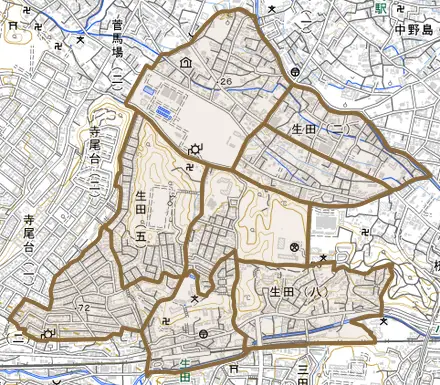 生田とその周辺の地図。町の範囲を重ねている