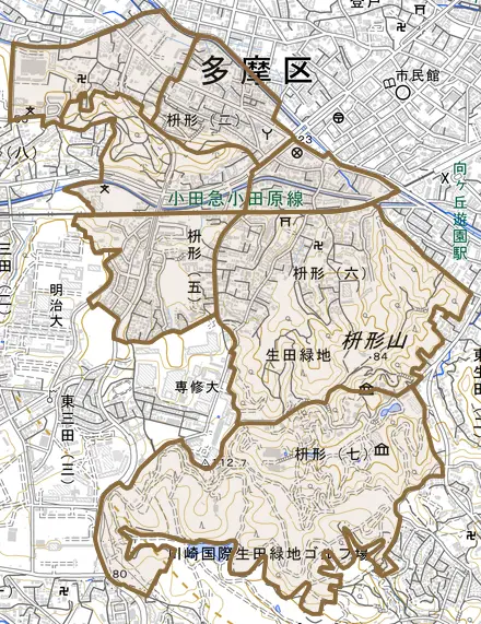 枡形とその周辺の地図。町の範囲を重ねている