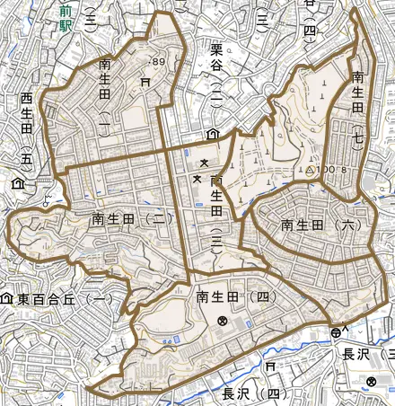 南生田とその周辺の地図。町の範囲を重ねている