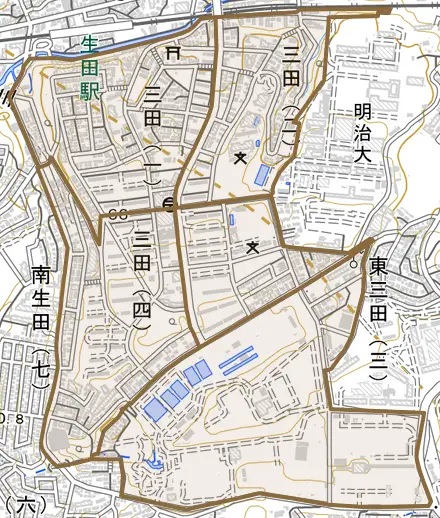 三田とその周辺の地図。町の範囲を重ねている