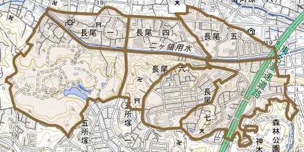 長尾とその周辺の地図。町の範囲を重ねている