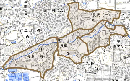 長沢とその周辺の地図。町の範囲を重ねている