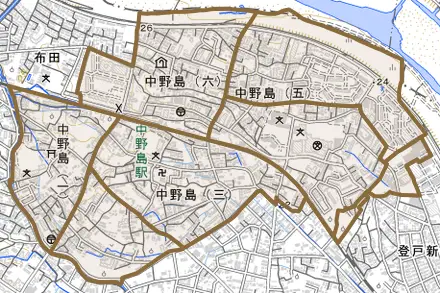 中野島とその周辺の地図。町の範囲を重ねている