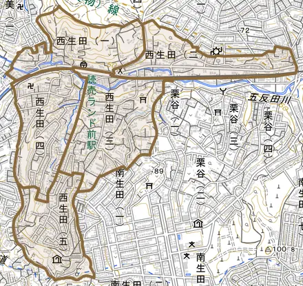 西生田とその周辺の地図。町の範囲を重ねている