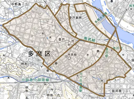 登戸とその周辺の地図。町の範囲を重ねている