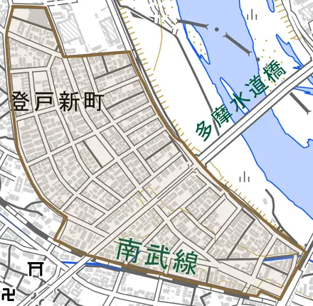 登戸新町とその周辺の地図。町の範囲を重ねている