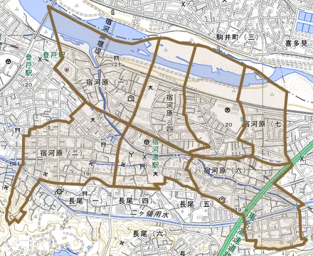 宿河原とその周辺の地図。町の範囲を重ねている