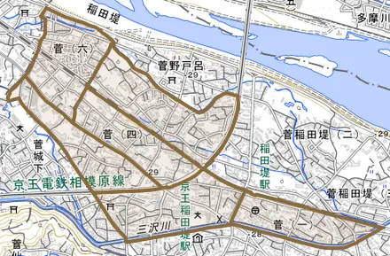 菅とその周辺の地図。町の範囲を重ねている