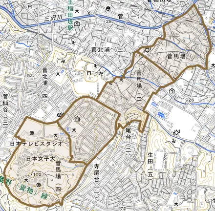 菅馬場とその周辺の地図。町の範囲を重ねている