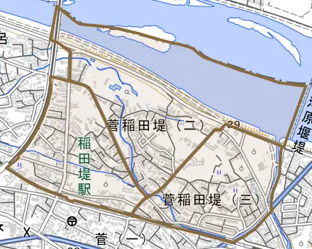 菅稲田堤とその周辺の地図。町の範囲を重ねている