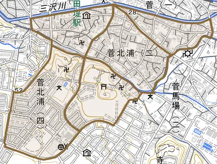 菅北浦とその周辺の地図。町の範囲を重ねている
