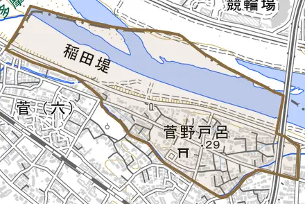 菅野戸呂とその周辺の地図。町の範囲を重ねている