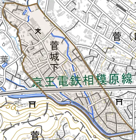 菅城下とその周辺の地図。町の範囲を重ねている