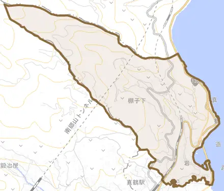 岩とその周辺の地図。町の範囲を重ねている