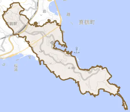 真鶴とその周辺の地図。町の範囲を重ねている