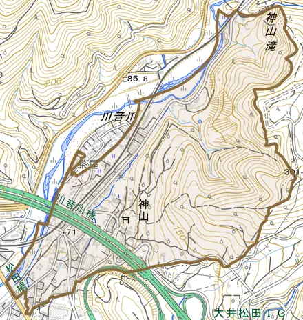 神山とその周辺の地図。町の範囲を重ねている