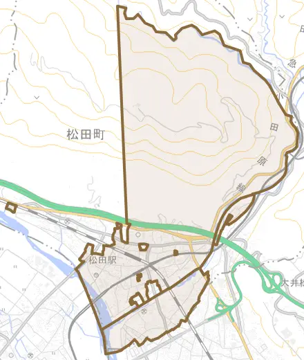 松田惣領とその周辺の地図。町の範囲を重ねている