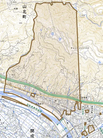松田庶子とその周辺の地図。町の範囲を重ねている