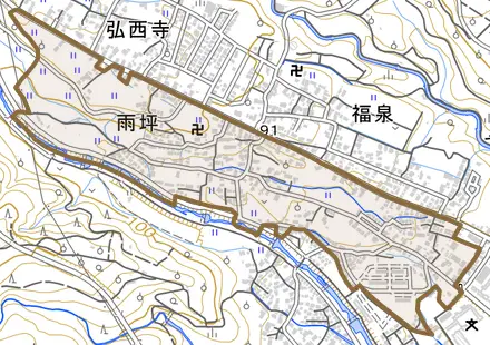 雨坪とその周辺の地図。町の範囲を重ねている