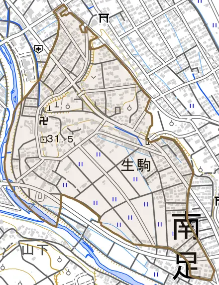 生駒とその周辺の地図。町の範囲を重ねている