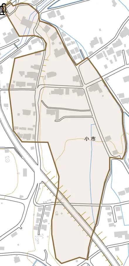 小市とその周辺の地図。町の範囲を重ねている
