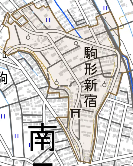 駒形新宿とその周辺の地図。町の範囲を重ねている