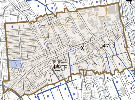 壗下とその周辺の地図。町の範囲を重ねている