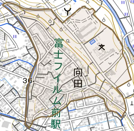 向田とその周辺の地図。町の範囲を重ねている