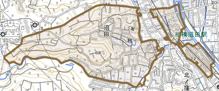 沼田とその周辺の地図。町の範囲を重ねている