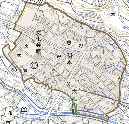 関本とその周辺の地図。町の範囲を重ねている