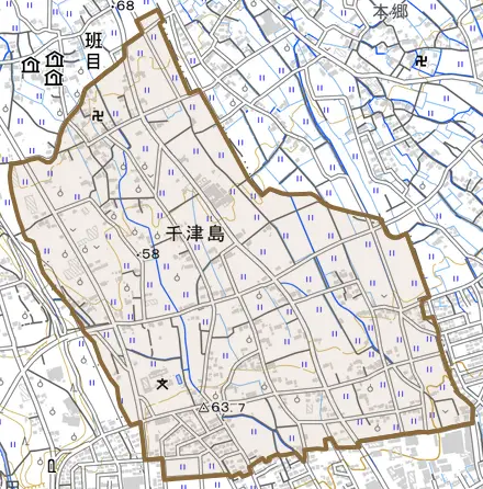 千津島とその周辺の地図。町の範囲を重ねている