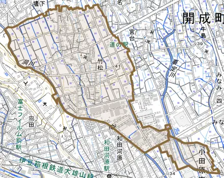 竹松とその周辺の地図。町の範囲を重ねている
