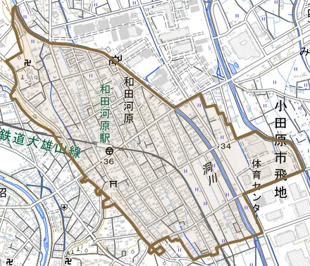 和田河原とその周辺の地図。町の範囲を重ねている