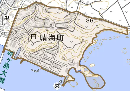 晴海町とその周辺の地図。町の範囲を重ねている