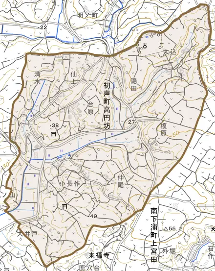 初声町高円坊とその周辺の地図。町の範囲を重ねている