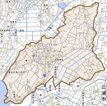 初声町和田とその周辺の地図。町の範囲を重ねている
