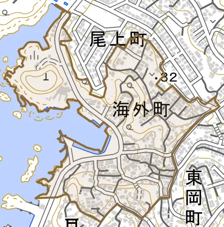 海外町とその周辺の地図。町の範囲を重ねている