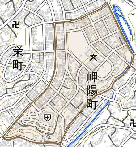 岬陽町とその周辺の地図。町の範囲を重ねている