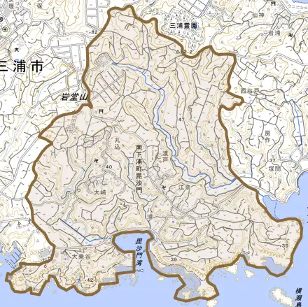 南下浦町毘沙門とその周辺の地図。町の範囲を重ねている