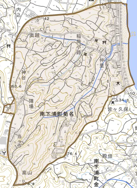 南下浦町菊名とその周辺の地図。町の範囲を重ねている
