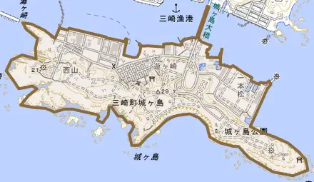 三崎町城ケ島とその周辺の地図。町の範囲を重ねている