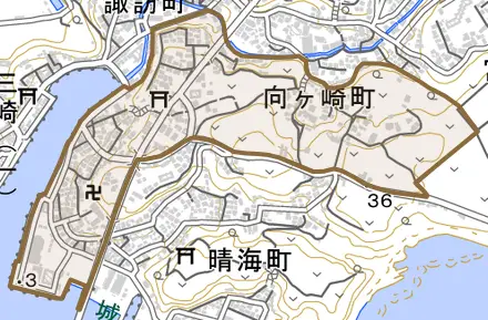 向ケ崎町とその周辺の地図。町の範囲を重ねている